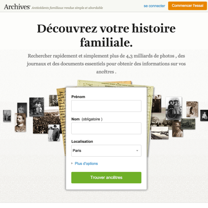Archives.com in French — homepage with headline 'Découvrez votre histoire familiale' (Discover your family history), search form with name and location fields, and a search button