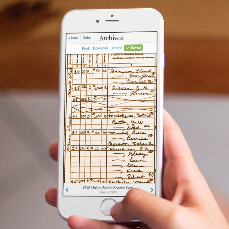 Archives.com on mobile — a hand holding a phone displaying the image viewer with a historical document, showing the responsive experience on a real device