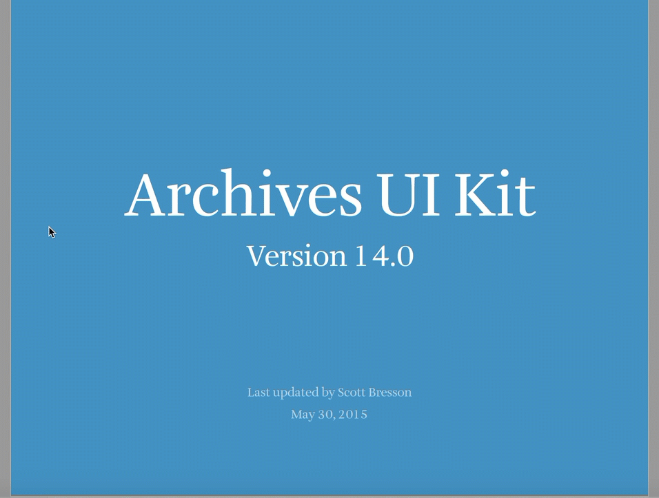 Archives UI Kit Version 14.0 — cover slide of the design system document, last updated by Scott Bresson, May 30, 2015