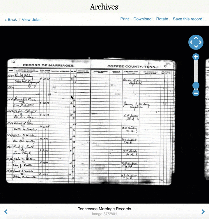 Archives.com image viewer — Tennessee Marriage Records, Coffee County. Scanned historical ledger document showing handwritten marriage records with zoom controls, navigation arrows, and actions for Print, Download, Rotate, and Save this record.
