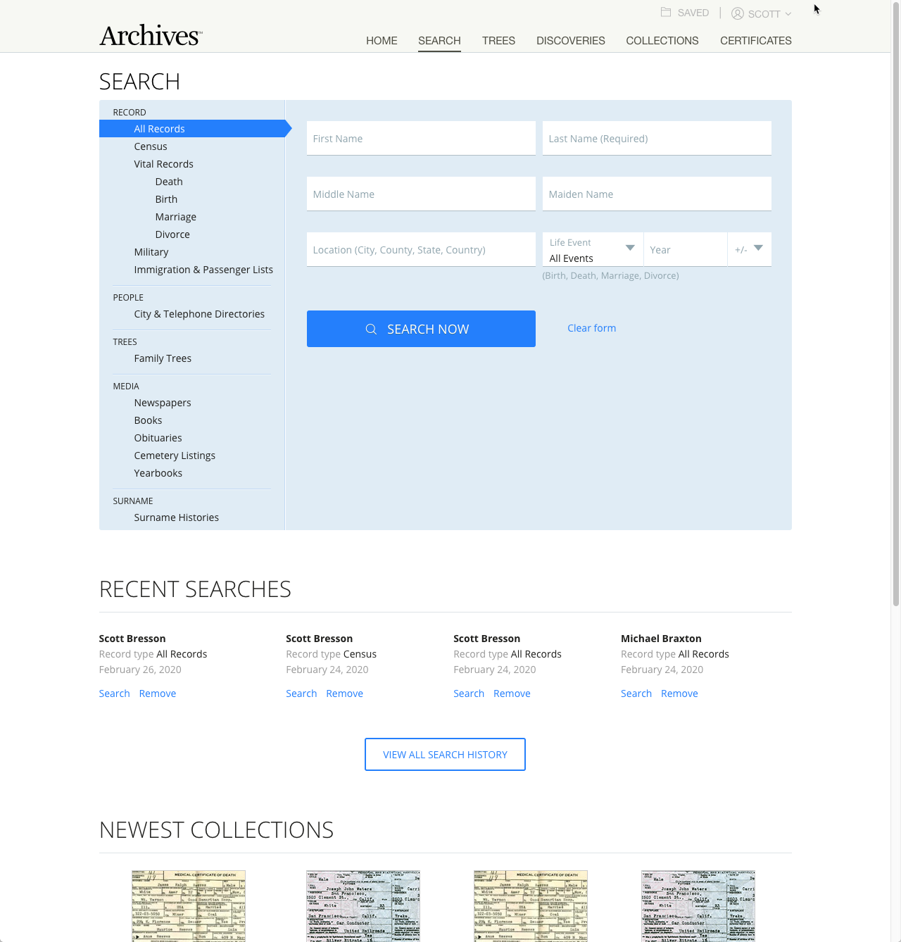 Archives.com search interface — category filters on the left (All Records, Vital Records, Military, etc.), search form with name and location fields, recent searches panel showing saved queries, and newest collections below