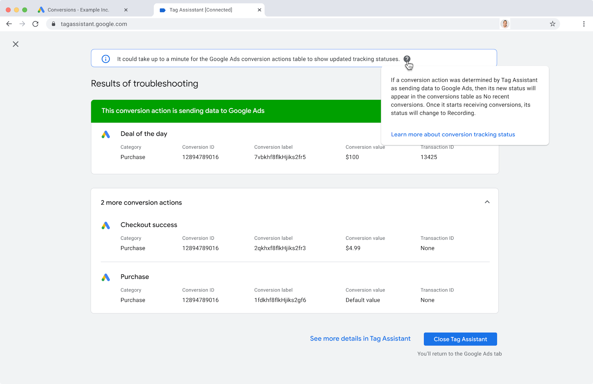 Tag Assistant results: conversion action confirmed sending data to Google Ads