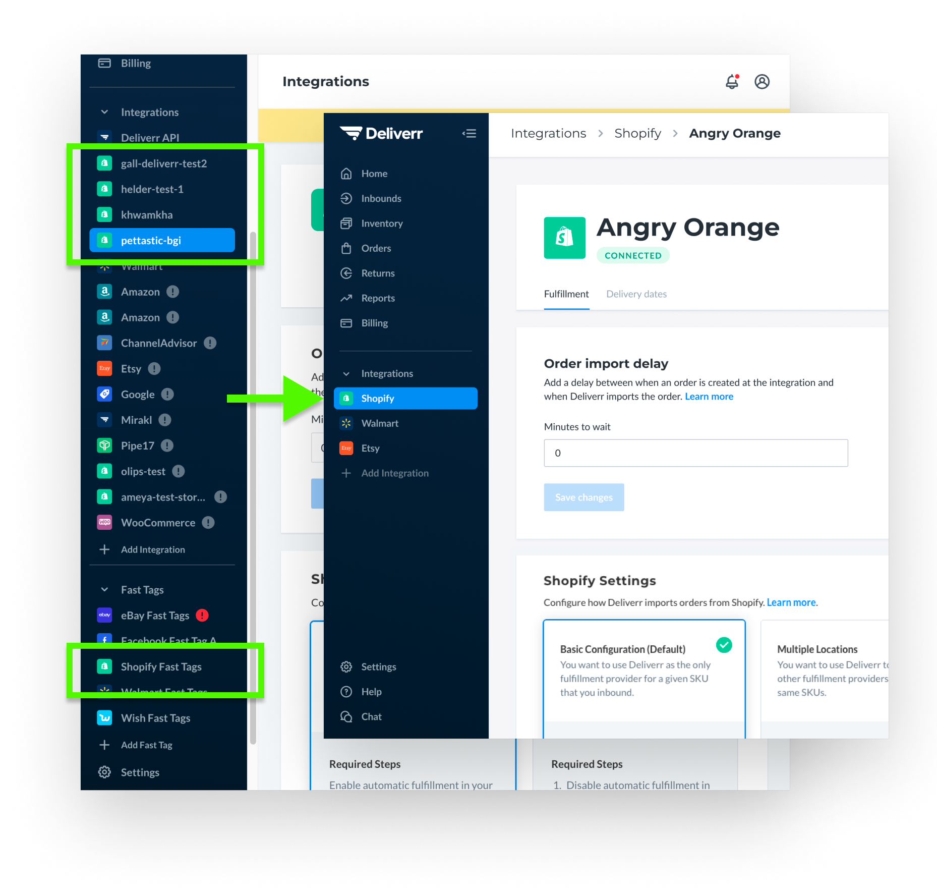 Shopify–Deliverr integration settings showing connected store navigation and Shopify configuration panel