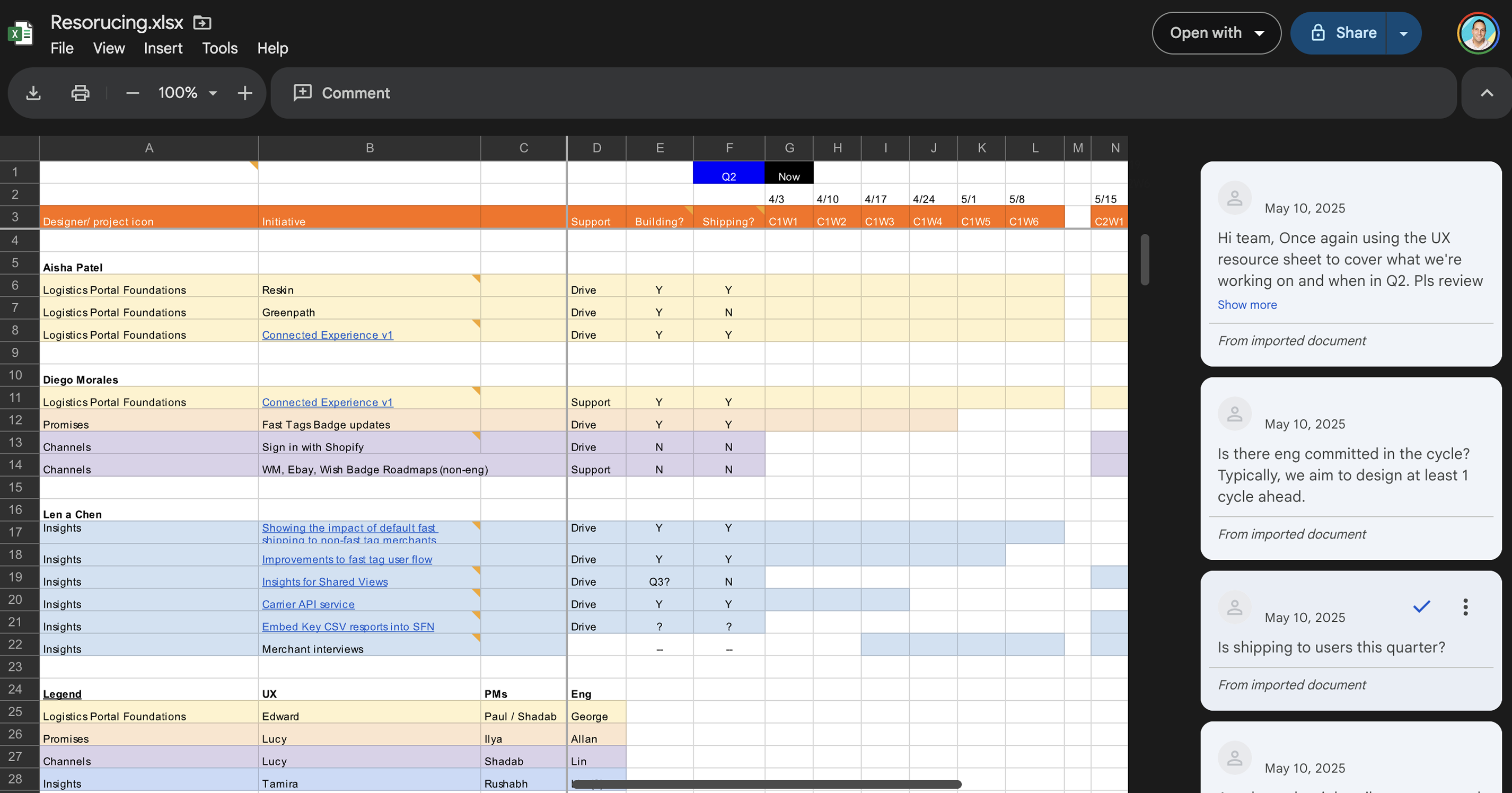 Resourcing spreadsheet tracking designer assignments across project pillars and cycles