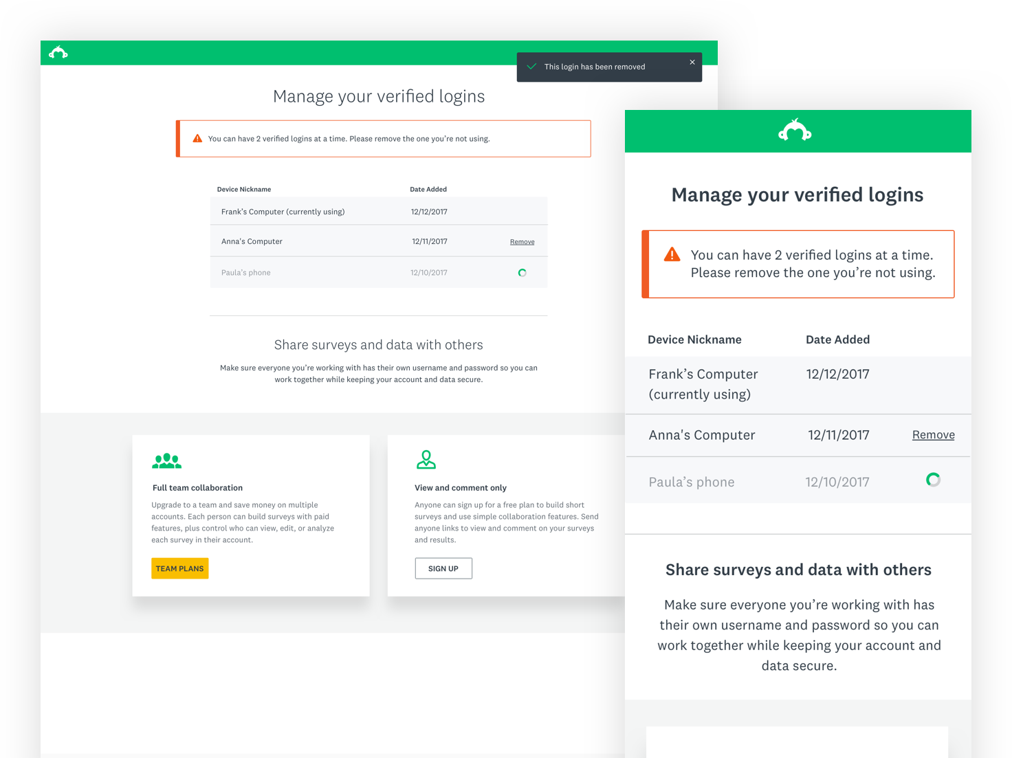 Account verification — Manage your verified logins screen showing device list with dates and remove option, alongside a mobile-responsive version. Below, collaboration upgrade prompt with Full team collaboration and View and comment only options.