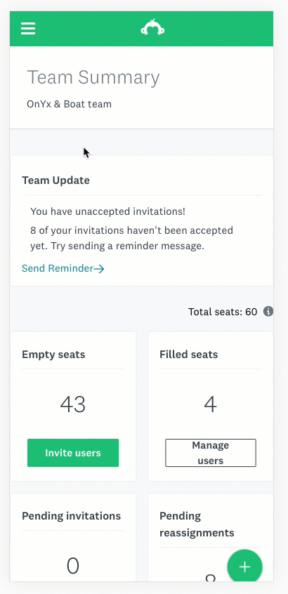 Admin console mobile view — Team Summary page on a phone showing seat counts, pending invitations, and a floating action button
