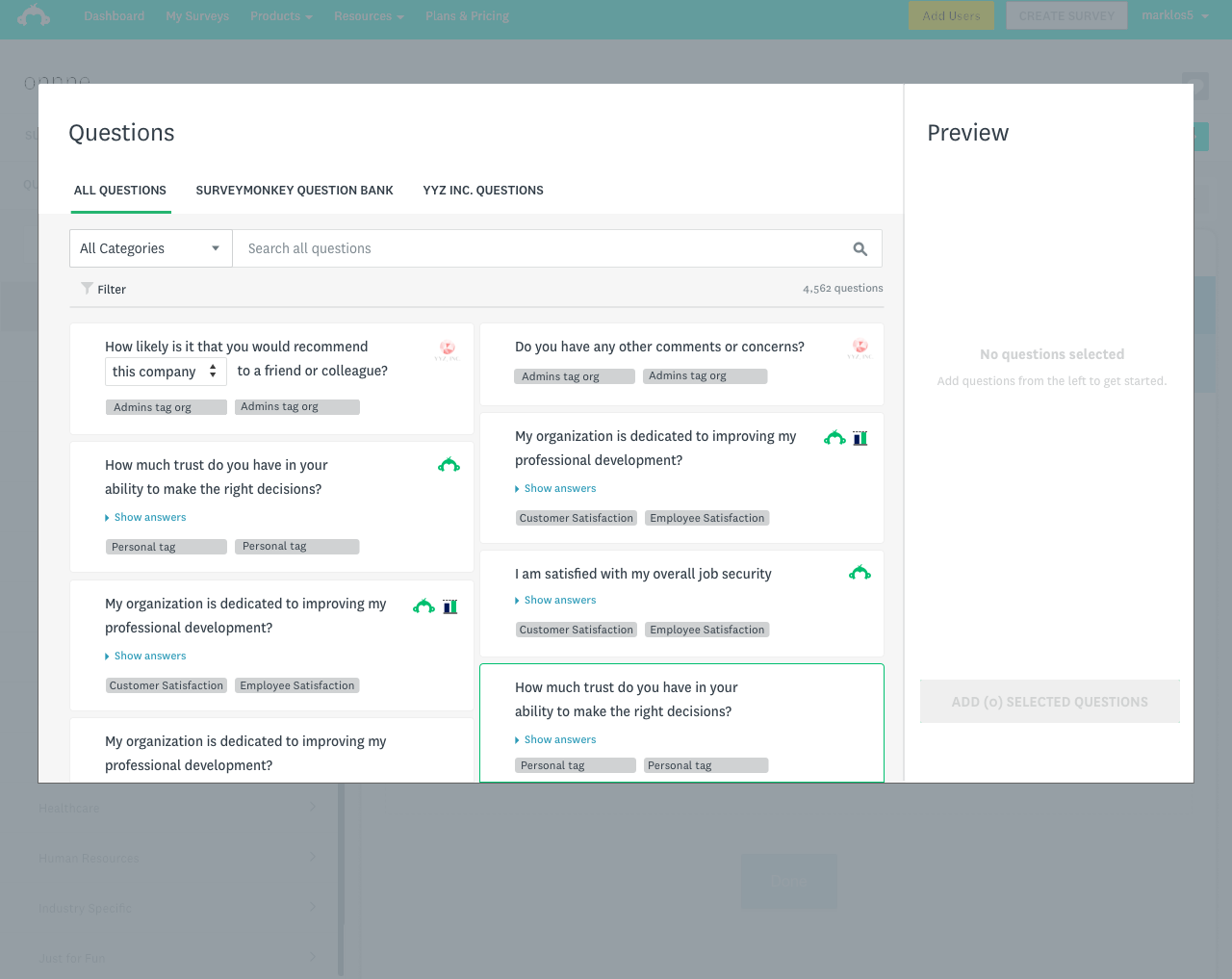 Custom question bank — modal showing All Questions, SurveyMonkey Question Bank, and YYZ Inc. Questions tabs. Questions shown with tags, show answers toggle, and a preview panel on the right.