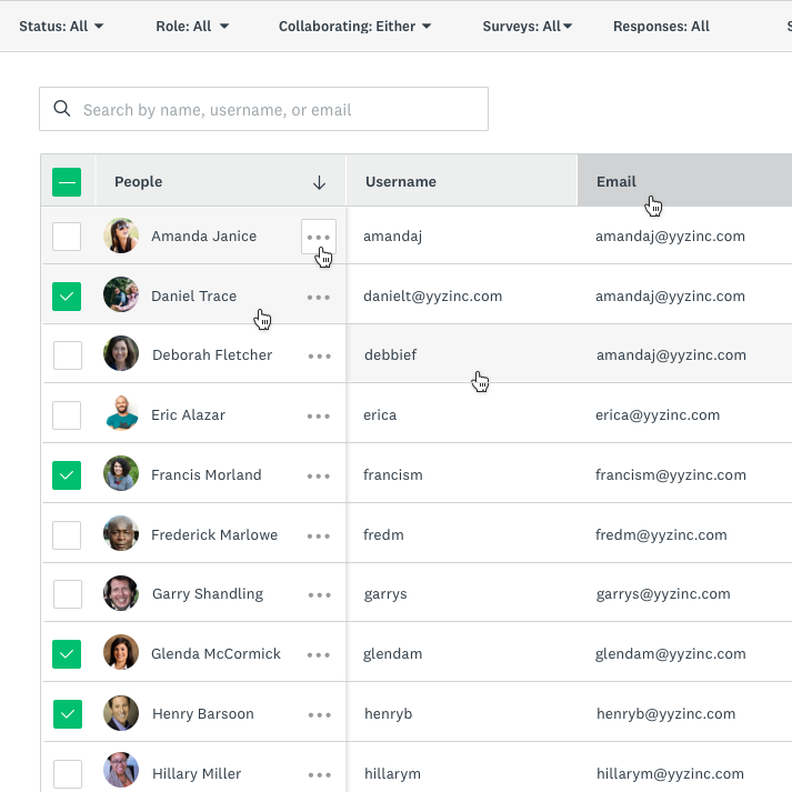 SurveyMonkey People management table showing team members with avatars, names, usernames, emails, and filter controls for status, role, collaboration mode, surveys, and responses. Rows include checkboxes for bulk actions and overflow menus for individual actions.
